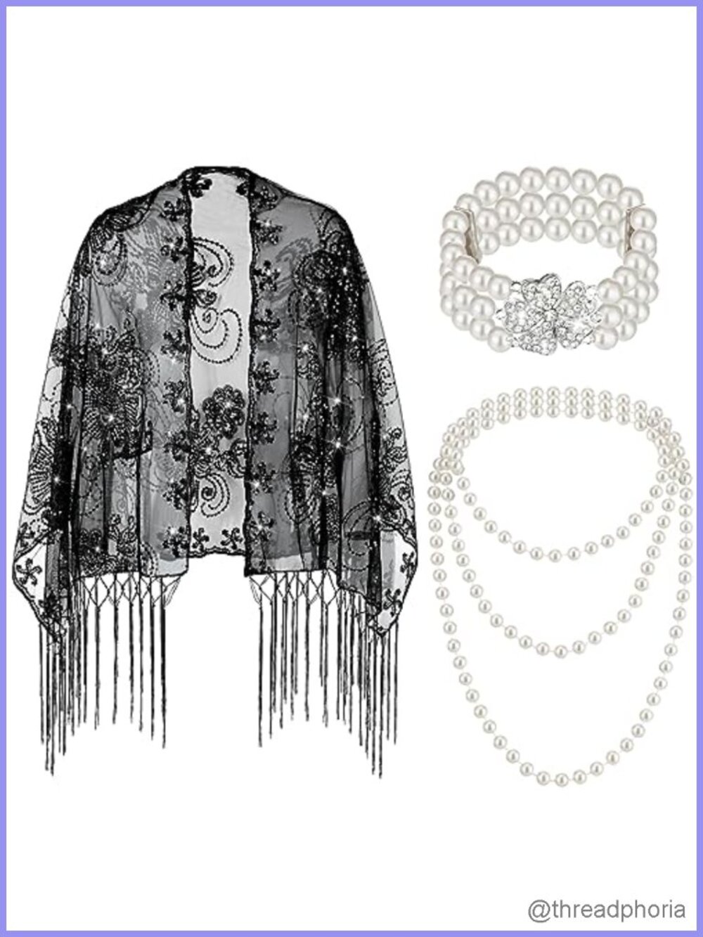 1920s Fringed Sequin Cape Shawl Set with Pearl Necklace and Bracelet